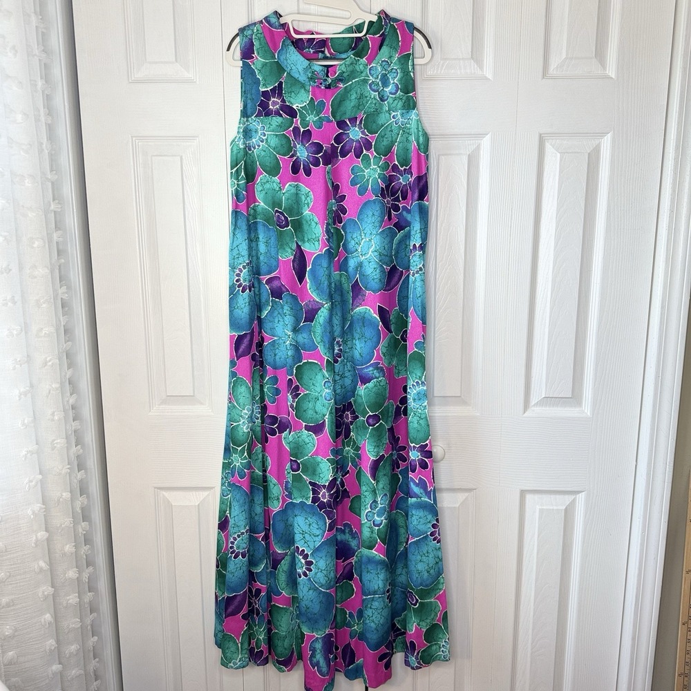 Vtg 60s Lauhala Hawaii Floral Maxi Dress Womens 14 Pink Blue Hawaiian Muumuu